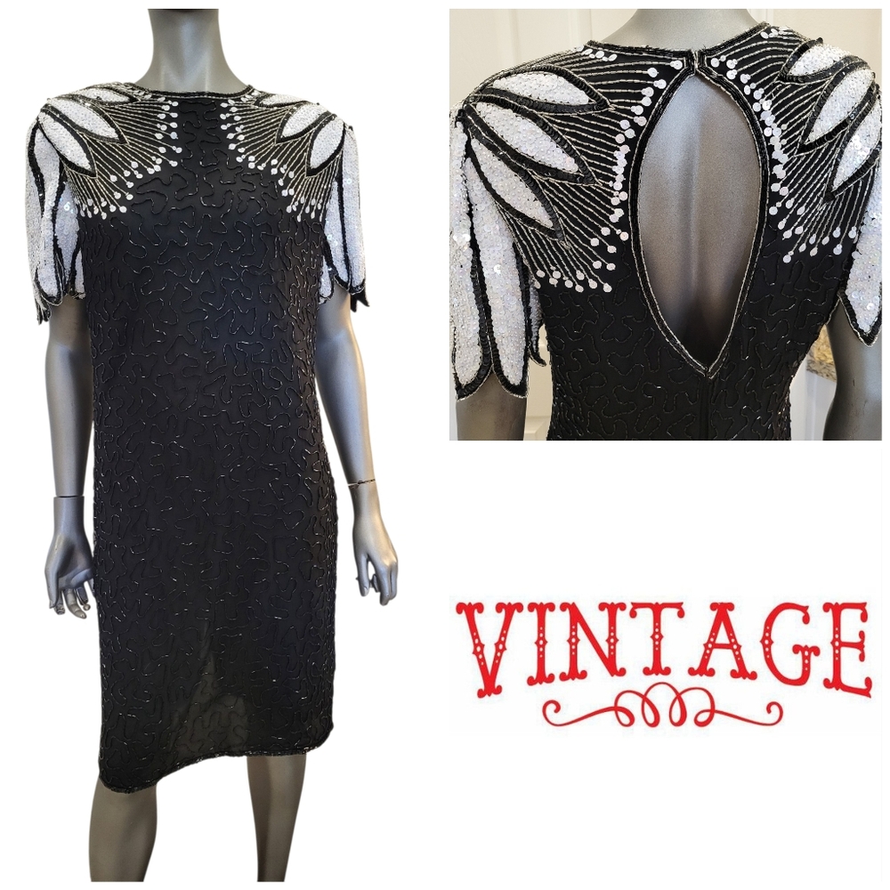 CC. Vtg. Laurence Kazar Black and White Sequin Beaded Midi Dress - Size XL